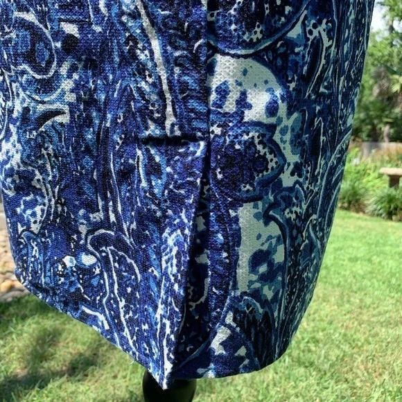 ADRIANNA PAPELL Blue Paisley print scoop neck cap sleeve cotton bodycon sheath - Picture 4 of 10
